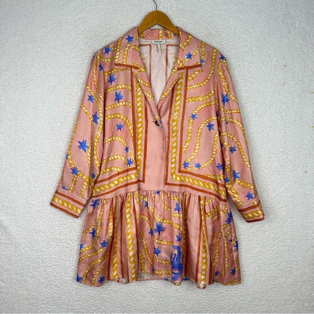 Sandro Alexiane Silk Dress‎ Multicolor Chain Print Pink Orange Blue Size 36 US 4 - Picture 16 of 16